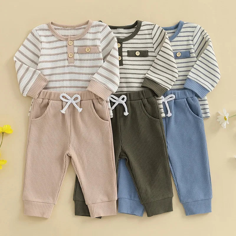 Xavier Waffle Stripe Baby Boy Outfit in olive green, tan, and blue