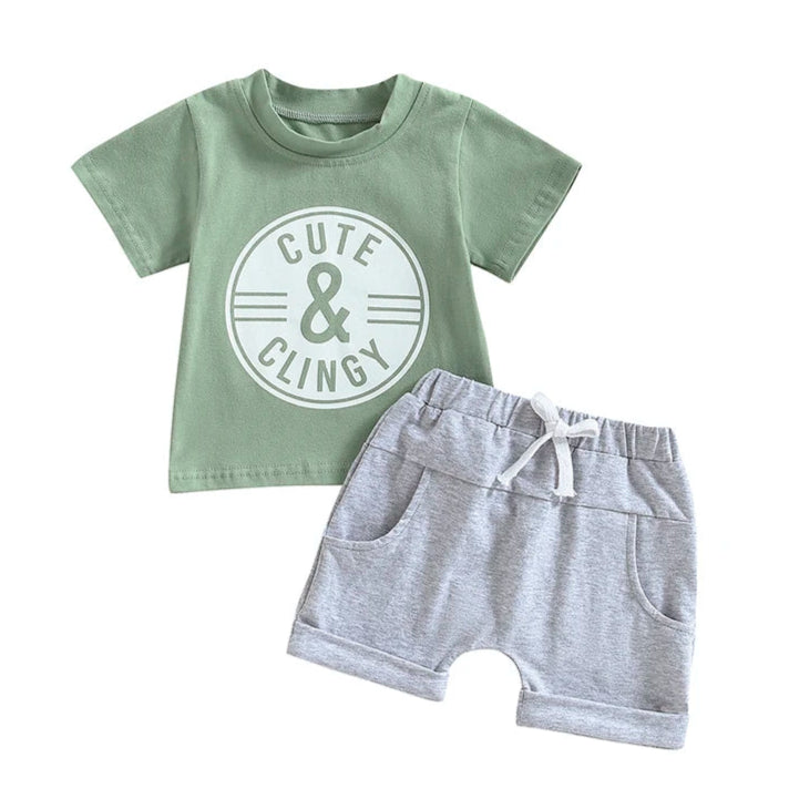 Funny baby boy outfit - "Cute & Clingy" Slogan T-shirt in green, and grey shorts