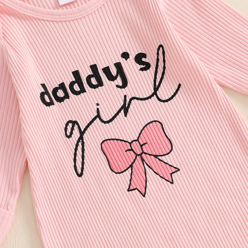Daddy's Girl pink ribbed onesie with bow graphic, perfect for little girls and celebrating the daddy-daughter bond.