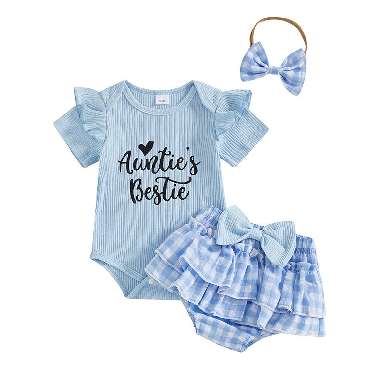 Adorable Auntie's Bestie Ruffle Set for baby girls in blue, featuring a ribbed bodysuit and ruffled gingham shorts.
