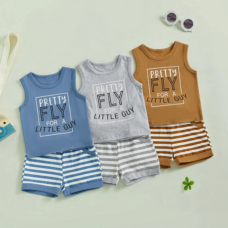 Pretty Fly For A Little Guy Set featuring tank tops and striped shorts for baby boy summer outfits.