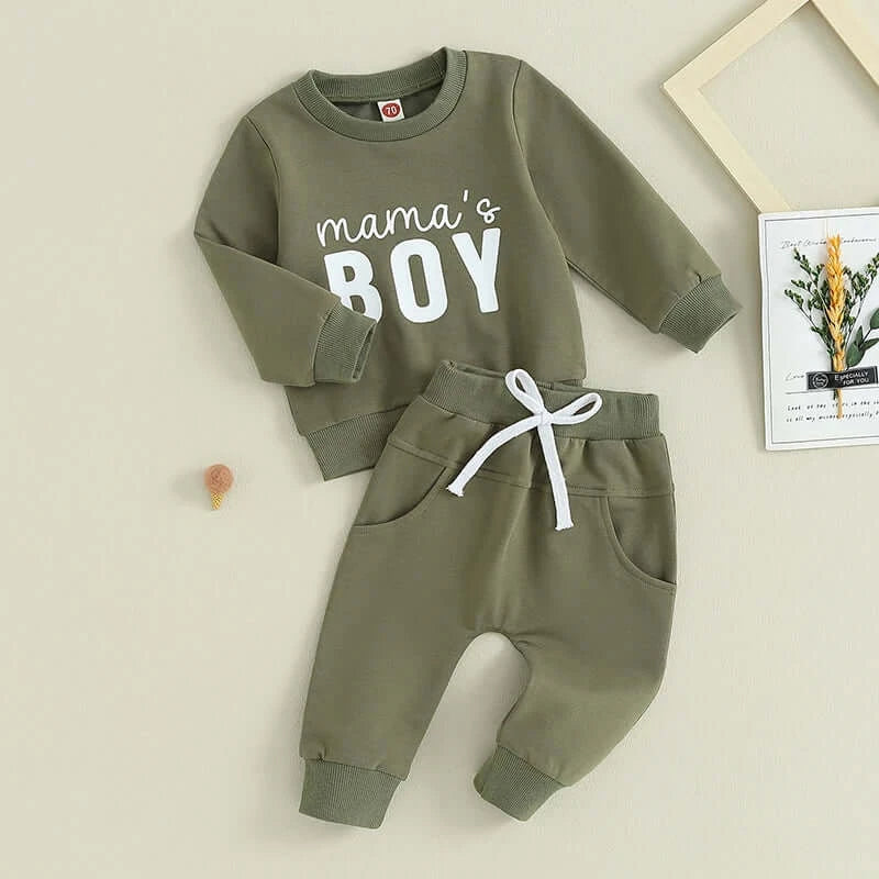 Mama's Boy Baby Outfit | Long Pants & Top Tracksuit Set in khaki (0-3 Years) - Lulu Babe