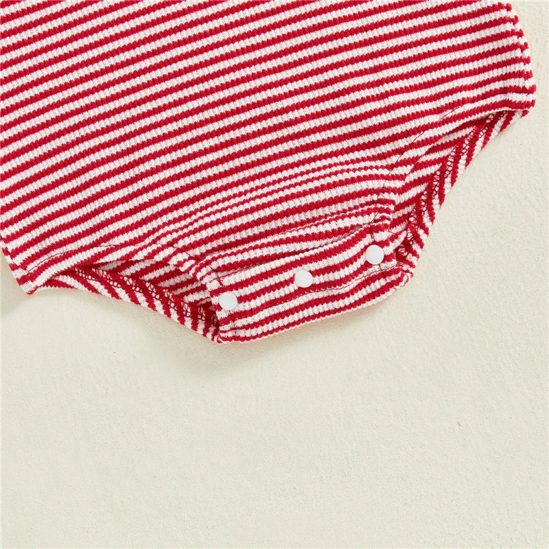Close-up of the I Love Dad Red Stripe Romper's red and white stripes with snaps at the bottom for easy dressing.