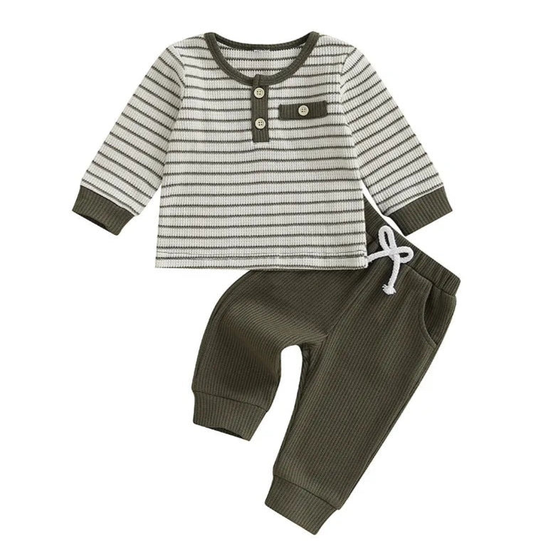 Baby boy outfit with long sleeve striped top and olive green pants, in soft waffle fabric