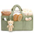 Plush Nappy Caddy in green with baby essentials, including diapers, wipes, and plush toys.