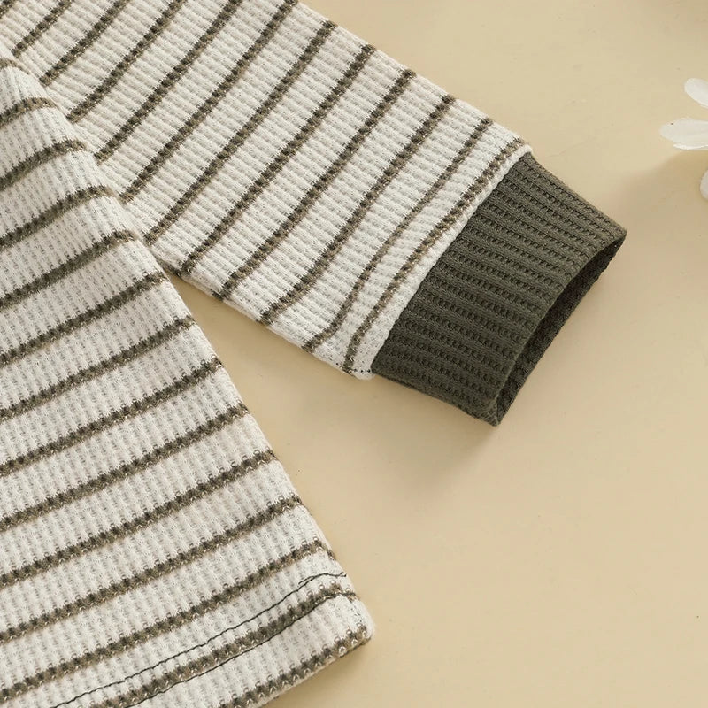 Xavier Waffle Stripe Set in olive green, ribbed long-sleeve top detail