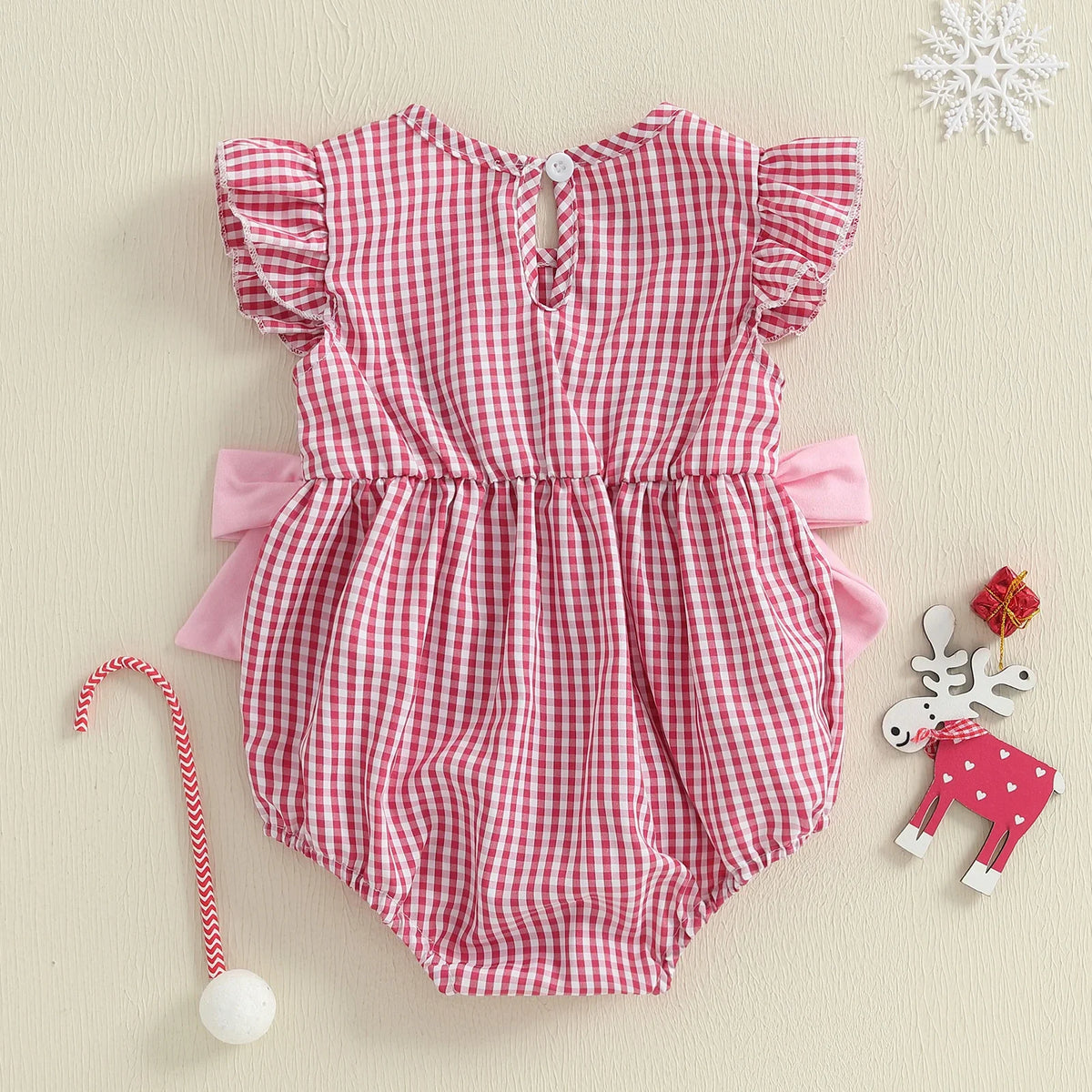Adorable Gingham Christmas Tree Romper for baby girls with flutter sleeves and festive embroidery.