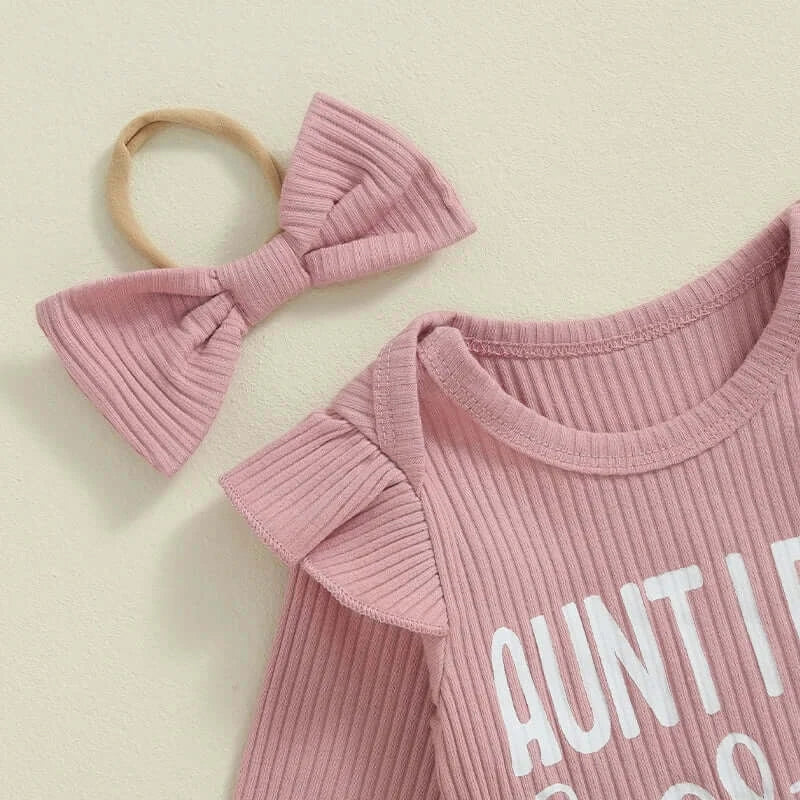 Auntie's Bestie Ribbed Baby Girl Set in pink - closeup of ribbed fabric and shoulder ruffles