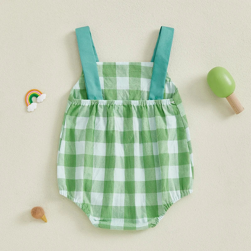 First Father's Day gingham romper in green and white checks, perfect for celebrating Dad's first special day.