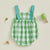 First Father's Day gingham romper in green and white checks, perfect for celebrating Dad's first special day.