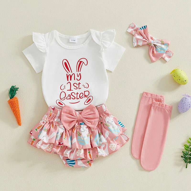 Flatlay of my first Easter bodysuit, ruffle bloomers, headband and socks for baby girls in pink