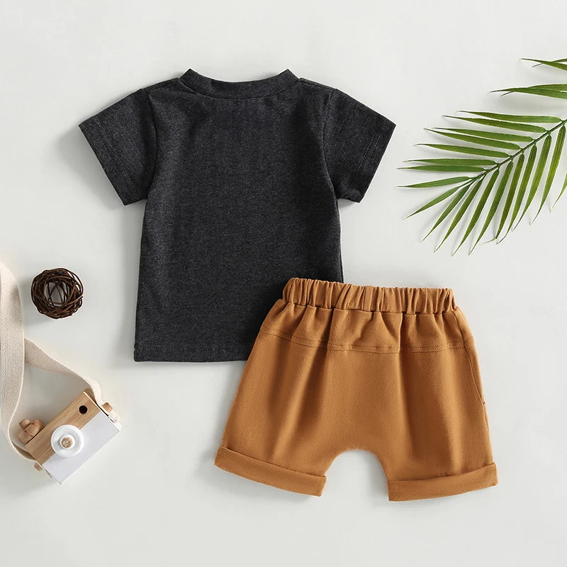 Dark grey tee and light brown shorts set - back view