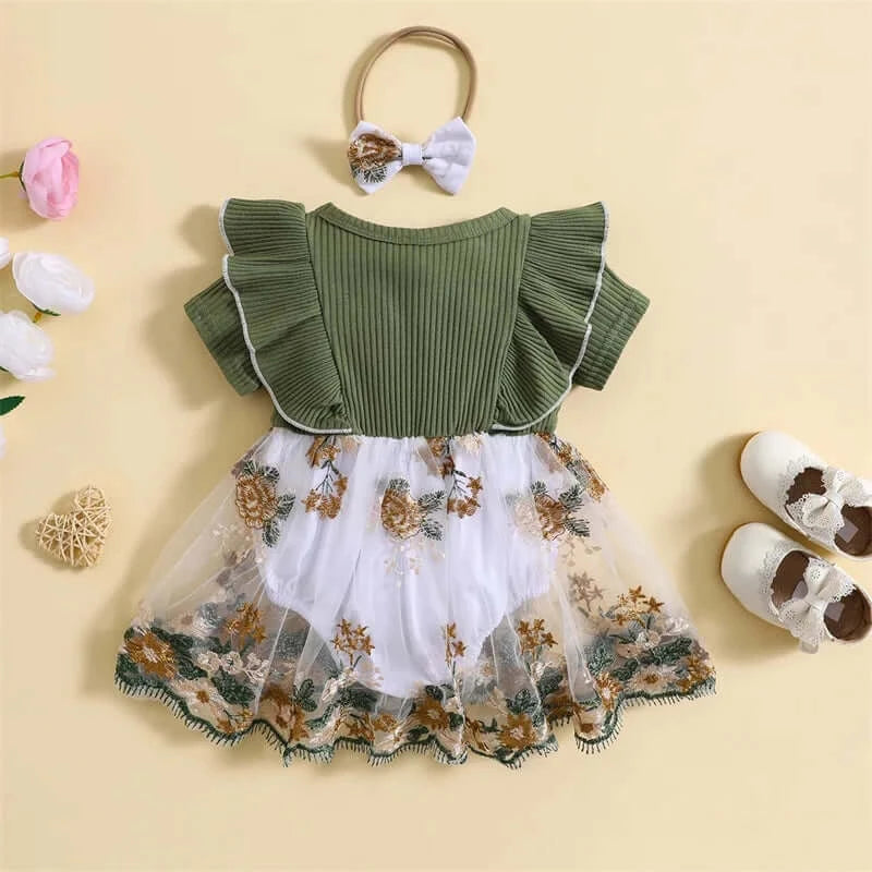 Charlotte Ruffle Romper Dress | Green Baby Dress with Headband - Lulu Babe