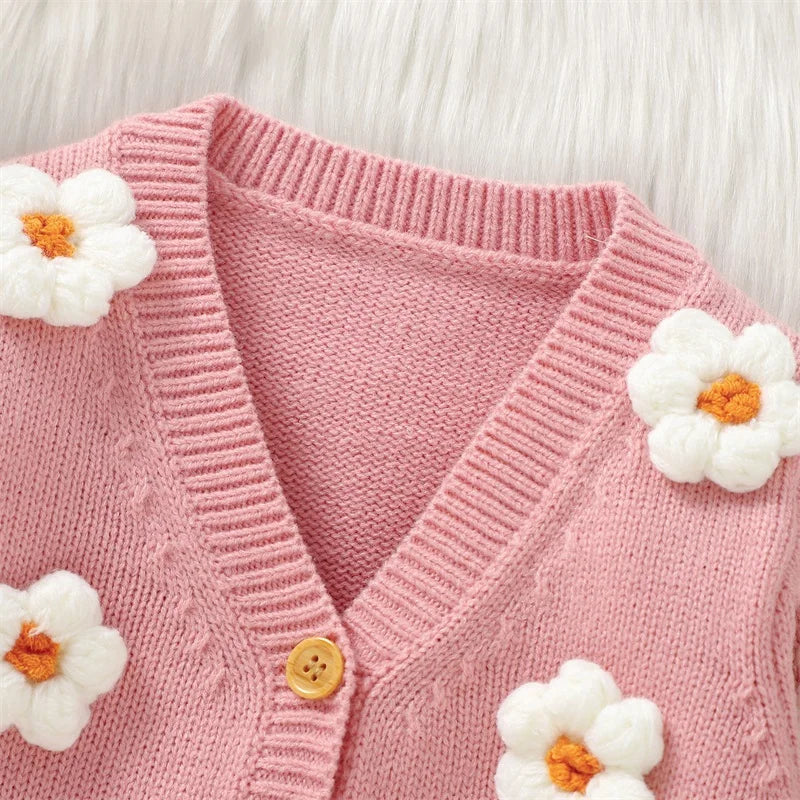 Daisy floral cardigan for baby & toddler girls - pink, showing closeup of floral appliqué