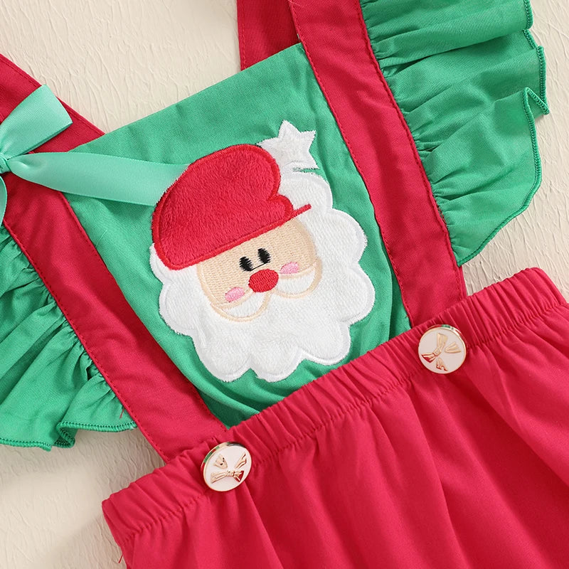 Santa Flutter Romper Set featuring Santa Claus embroidery and green flutter sleeves