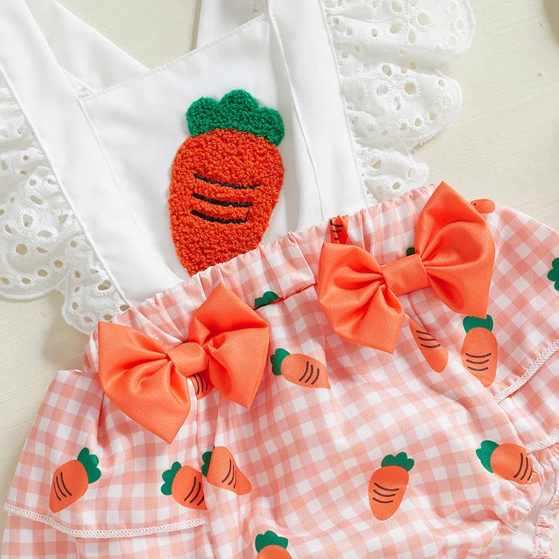 Carrot Gingham Ruffle Romper featuring scalloped sleeves and carrot appliqué, ideal for baby Easter celebrations.