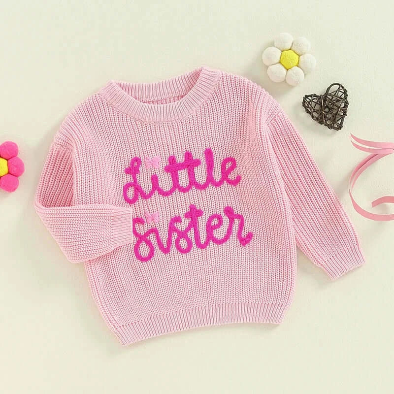Little Sister Pink Jumper featuring embroidered text, perfect for siblings. Matching sister jumpers available.