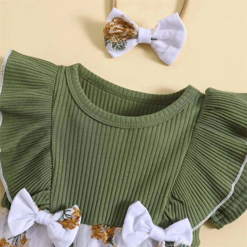 Charlotte Ruffle Romper Dress | Green Baby Dress with Headband - Lulu Babe