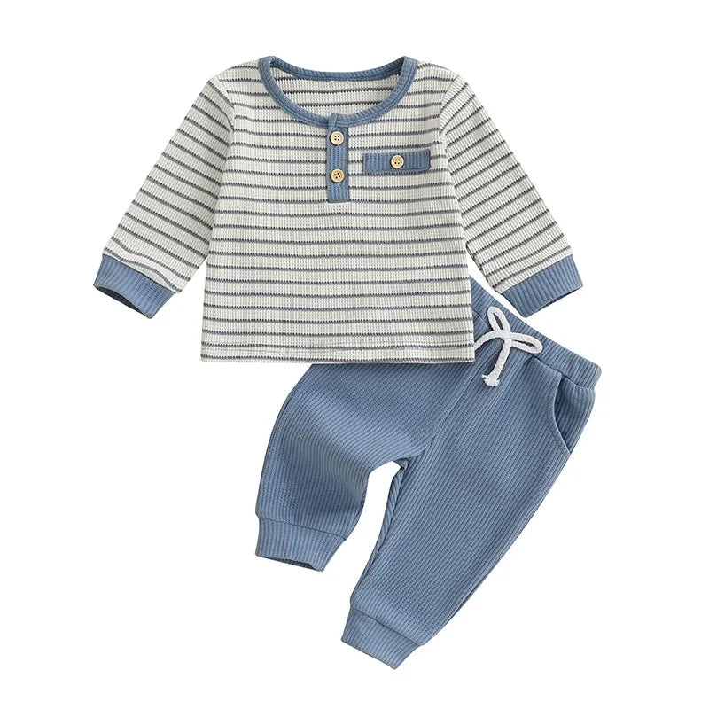 Xavier Waffle Stripe Set in blue, perfect baby boy outfit featuring soft waffle fabric.