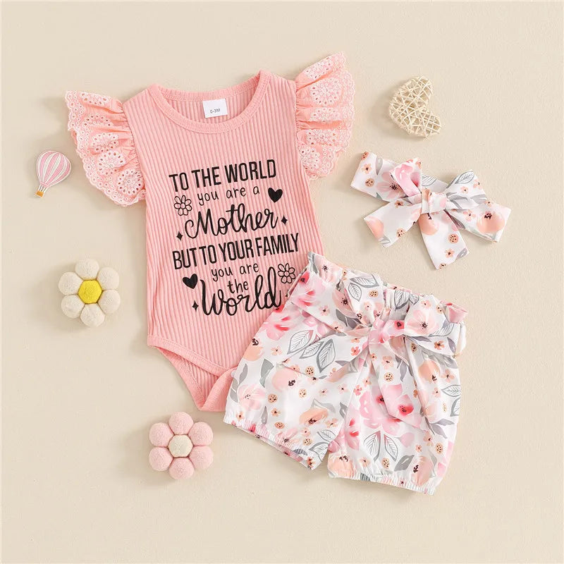 Three-piece baby girl Mother's Day outfit set with pink lace flutter sleeve ribbed bodysuit, floral shorts and headband