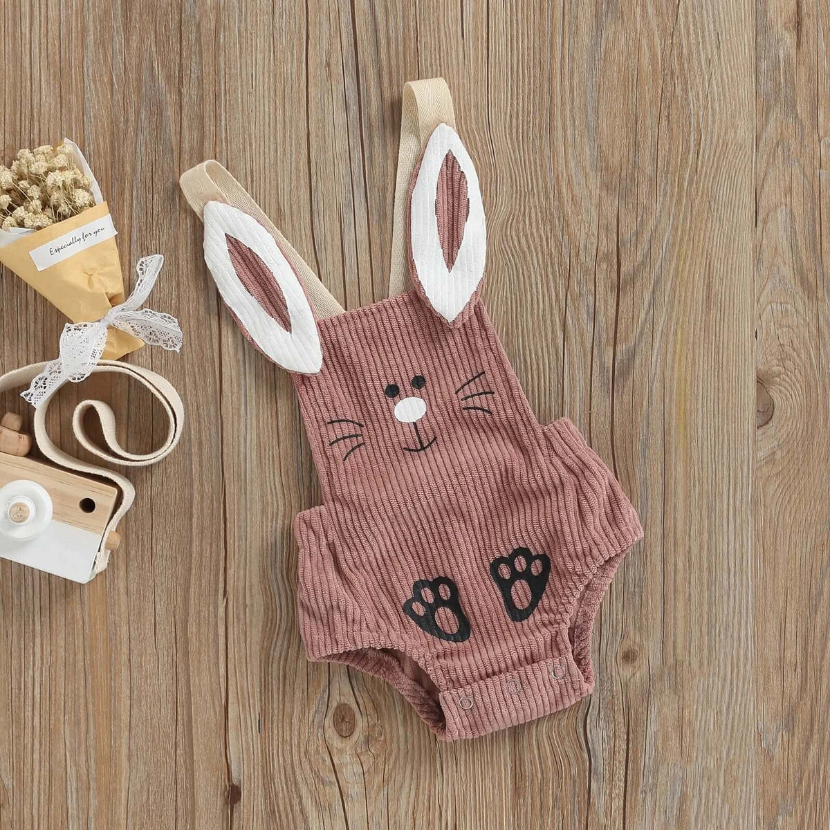 Corduroy Bunny Romper - Unisex Baby Outfit with Bunny Ears - Lulu Babe