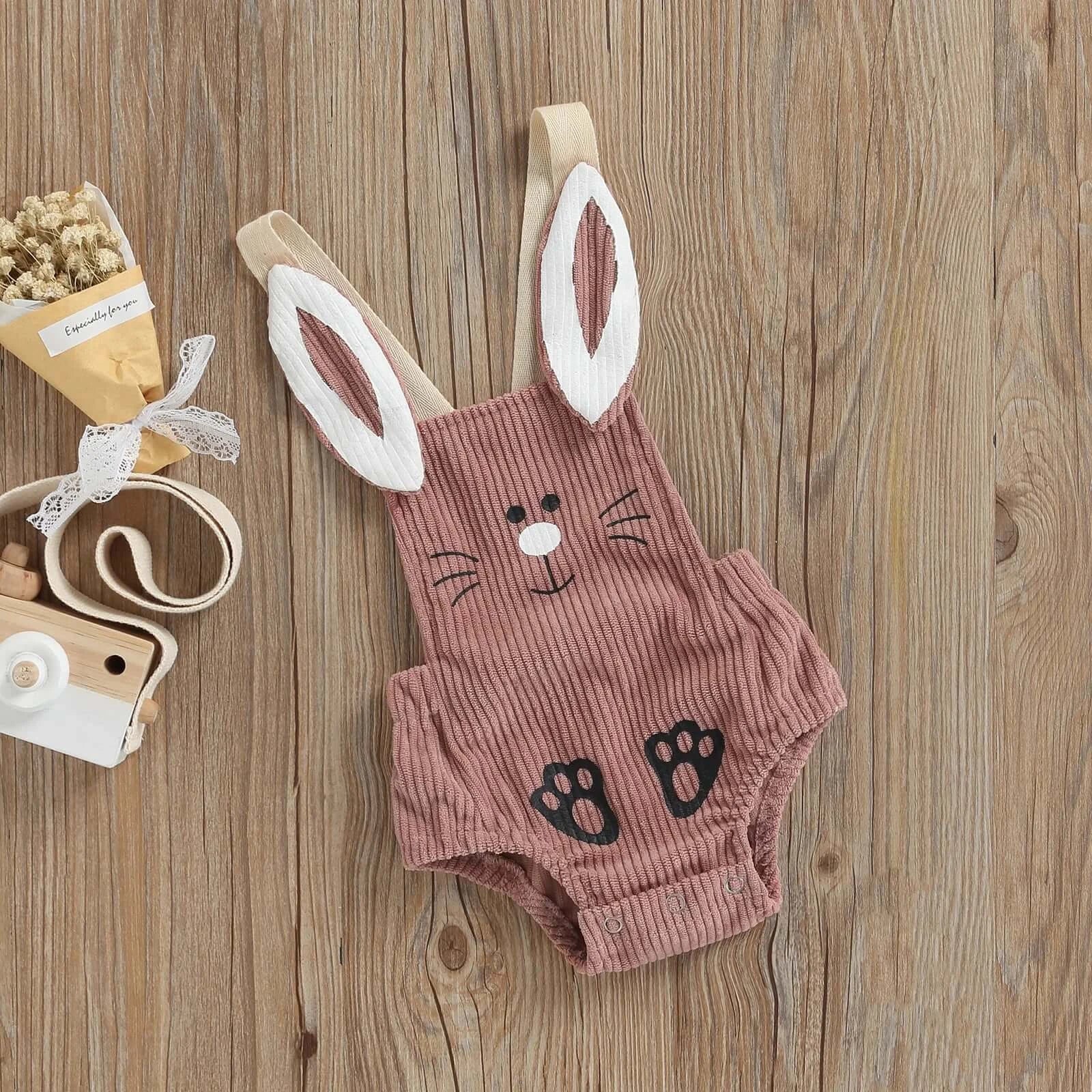 Corduroy Bunny Romper - Unisex Baby Outfit with Bunny Ears - Lulu Babe