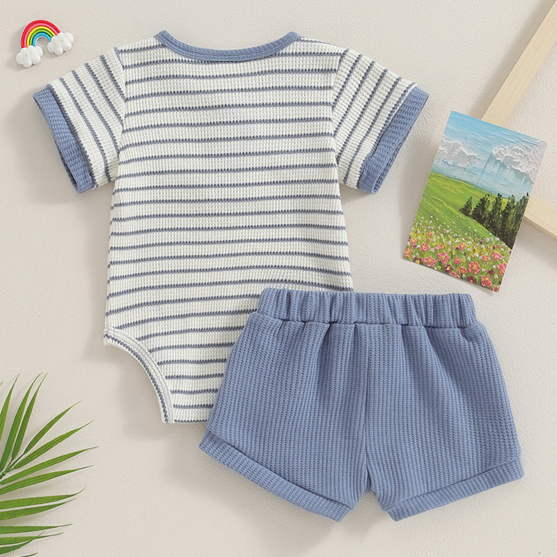 Back view of blue and white striped waffle knit baby romper with matching blue shorts