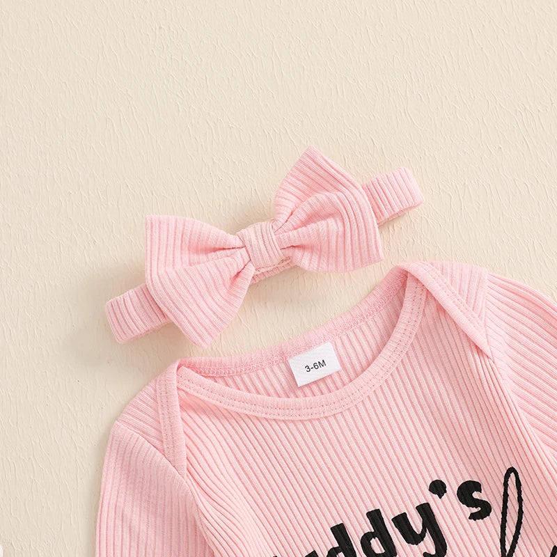 Daddy's Girl pink ribbed onesie and matching bow headband set for baby girl.