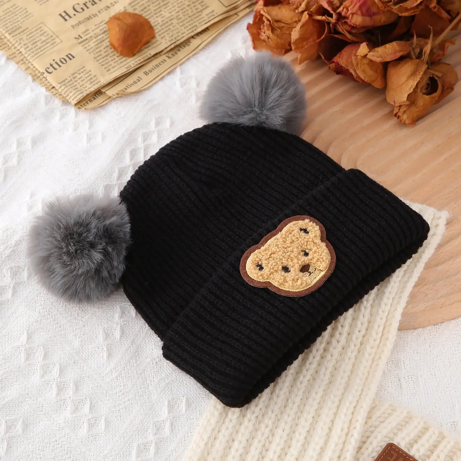 Teddy Pom Pom Beanie | Cute & Cozy Knit Beanie for Baby & Toddler - Lulu Babe