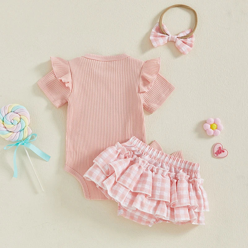 Auntie's Bestie Ruffle Set featuring a pink ribbed bodysuit and gingham ruffled shorts, perfect baby girl outfit.