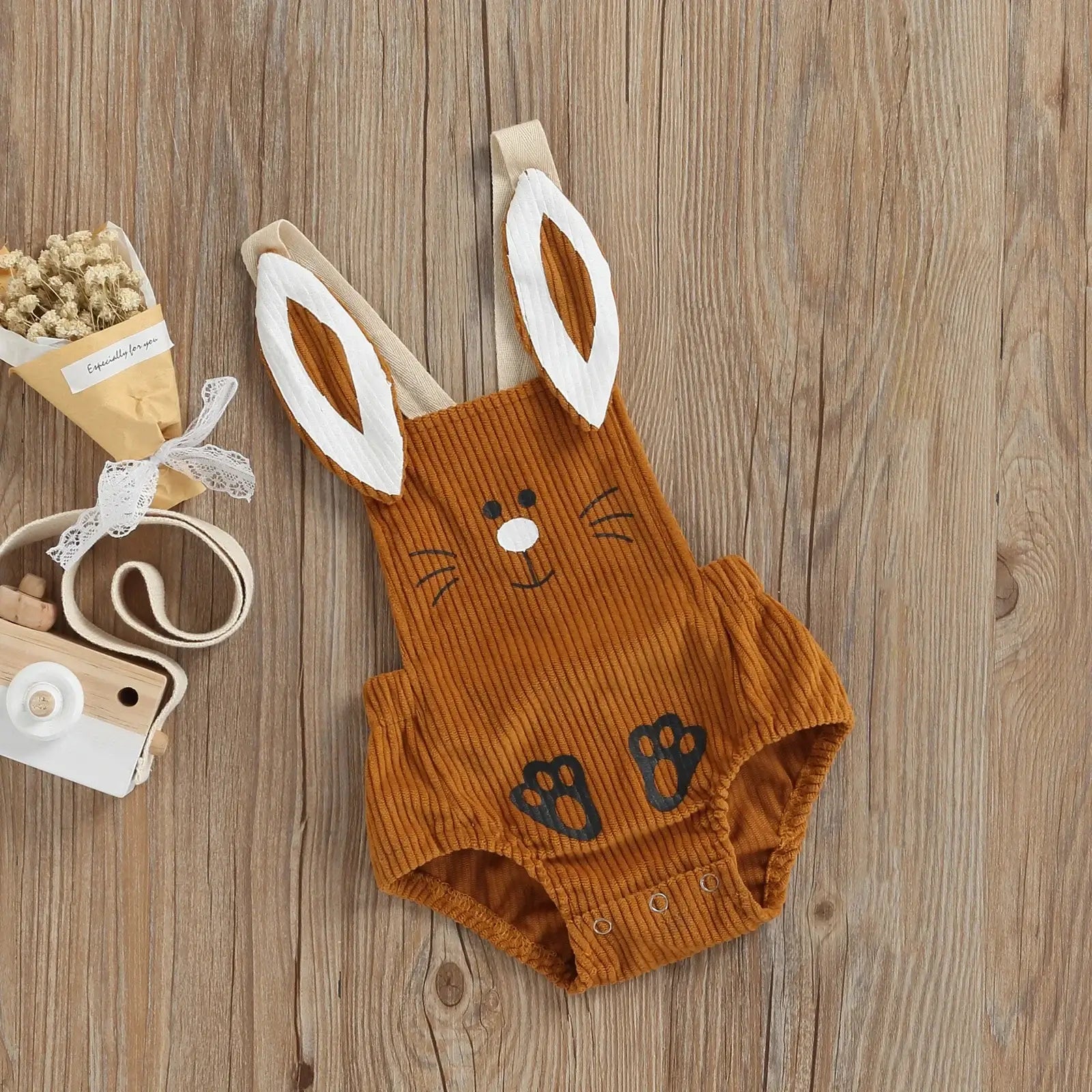 Corduroy Bunny Romper - Unisex Baby Outfit with Bunny Ears - Lulu Babe