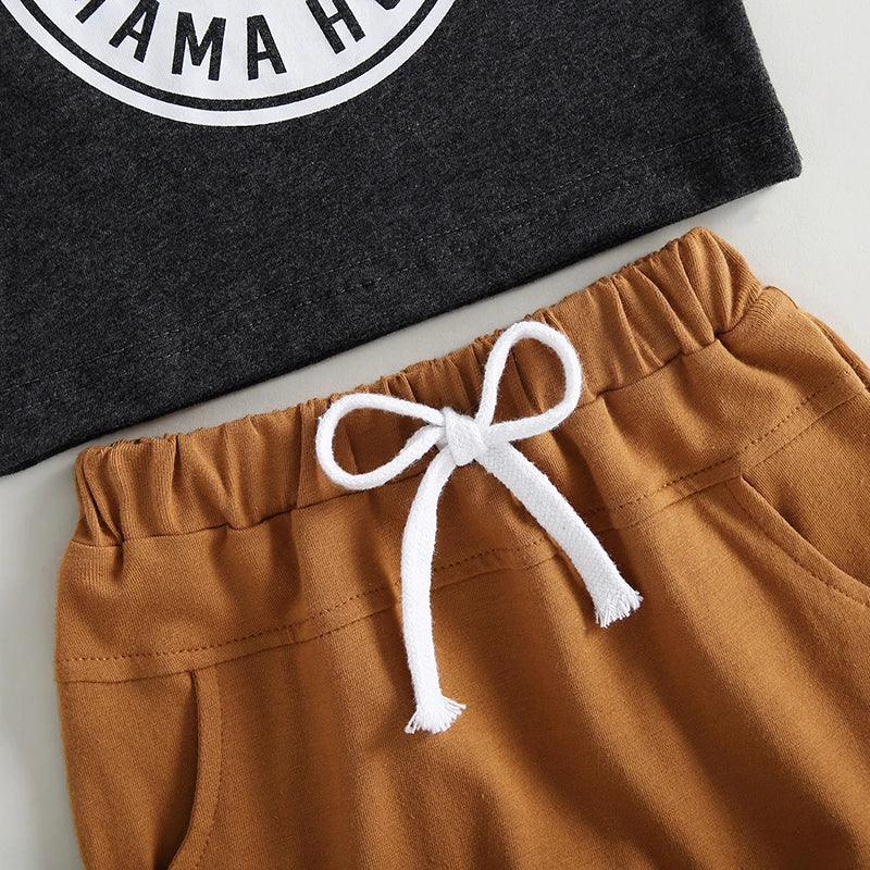 Close-up of 'Chicken Nugs & Mama Hugs' tee and elasticated shorts set