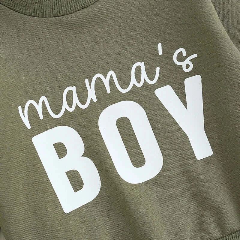 Mama's Boy Baby Outfit | Long Pants & Top Tracksuit Set in khaki (0-3 Years) - Lulu Babe