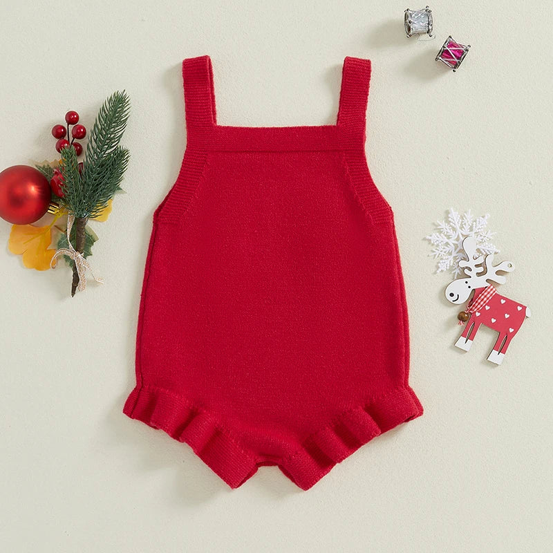 My First Christmas Romper for baby girl in festive red with ruffled details, perfect baby christmas outfit.
