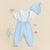 Adorable 1st Father’s Day suspender set with white bodysuit, blue pants, and matching beanie hat