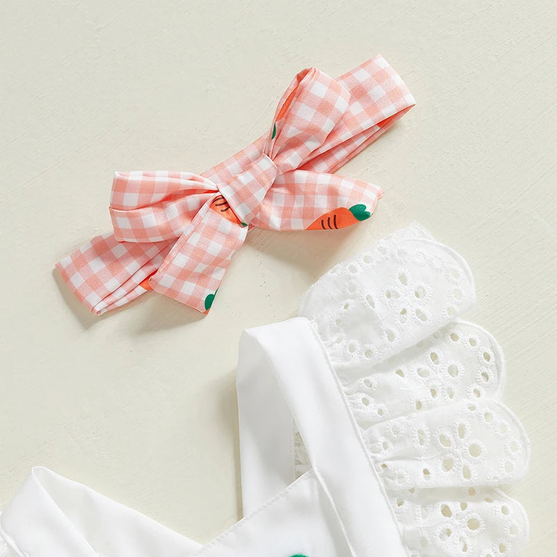 Carrot Gingham Ruffle Romper matching headband featuring pink gingham and carrot details.
