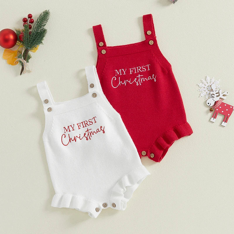 My First Christmas Romper set for baby girls, festive outfit in red and white with ruffled trim.