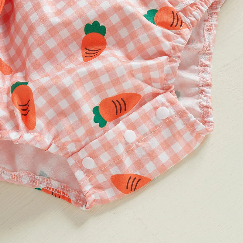 Close-up of Carrot Gingham Ruffle Romper bloomers with carrot prints, perfect for baby Easter outfits.