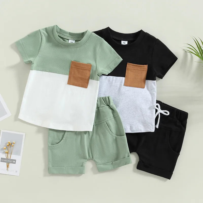 Fynn Colour Block Shorts Set - flatlay showing the green and black colour options