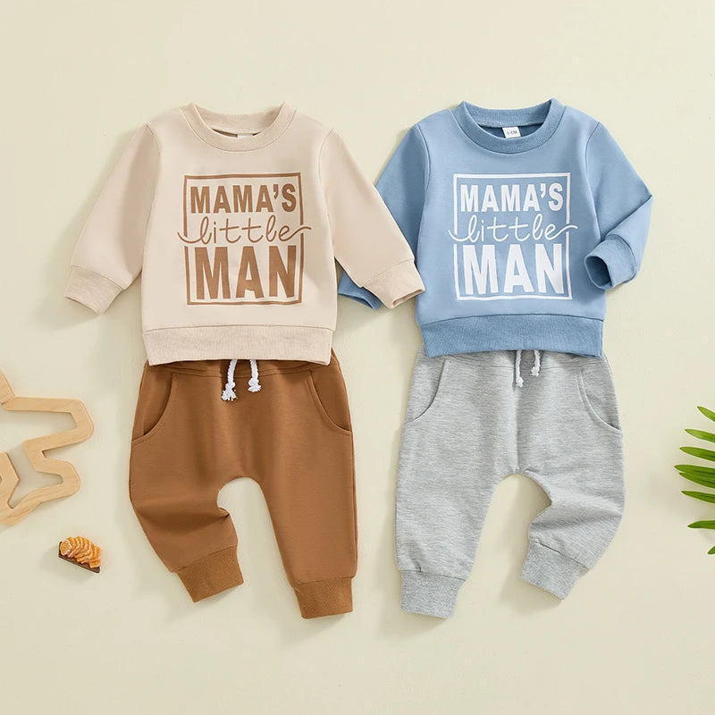 Mama's Little Man Set in beige and blue | Comfy Baby Boy Tracksuit - Lulu Babe