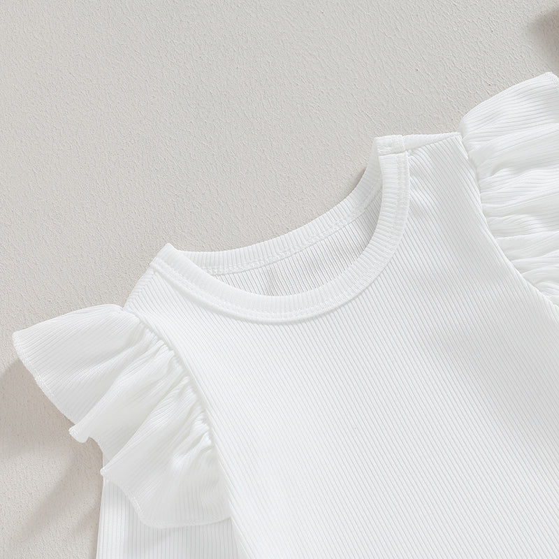 White long sleeve ruffle romper for baby girls, soft ribbed cotton blend with stylish shoulder ruffles.