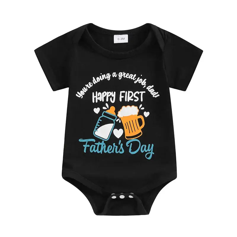 Happy First Father&#39;s Day Baby Romper Black | Cheers to Dad 🍺 - Lulu Babe