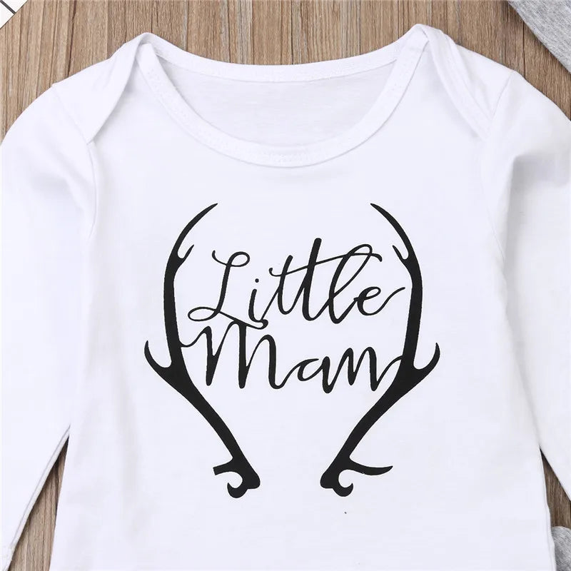 White bodysuit featuring 'Little Man' print and antler design, part of the Little Man Deer Set for boys.