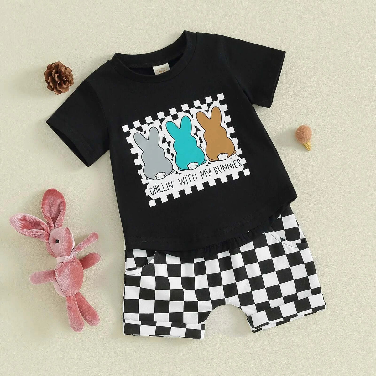 Checkerboard Bunny Shorts Outfit for baby boy (in 0-6 months, 6-12 months, 12-18 month,  18-24 months & 2-3 years)