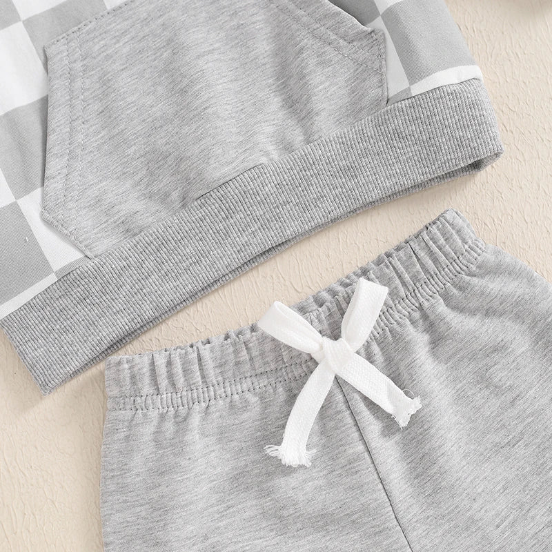 Evan Check Hoodie Trackie Set with grey check print hoodie and matching jogger pants