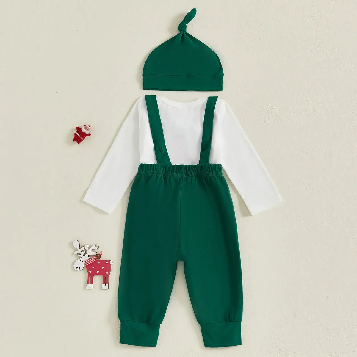 3-piece My 1st Christmas suspender set for baby boys: bodysuit, green overalls, and matching beanie hat.
