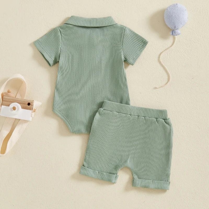 Waffle Polo Shorts Set in Sage Green, featuring a polo romper and matching shorts for babies 0–18 months.