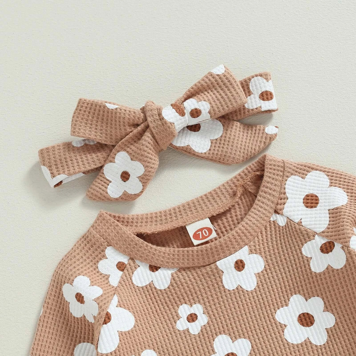 Waffle Floral Baby Set in beige - closeup of waffle fabric & headband