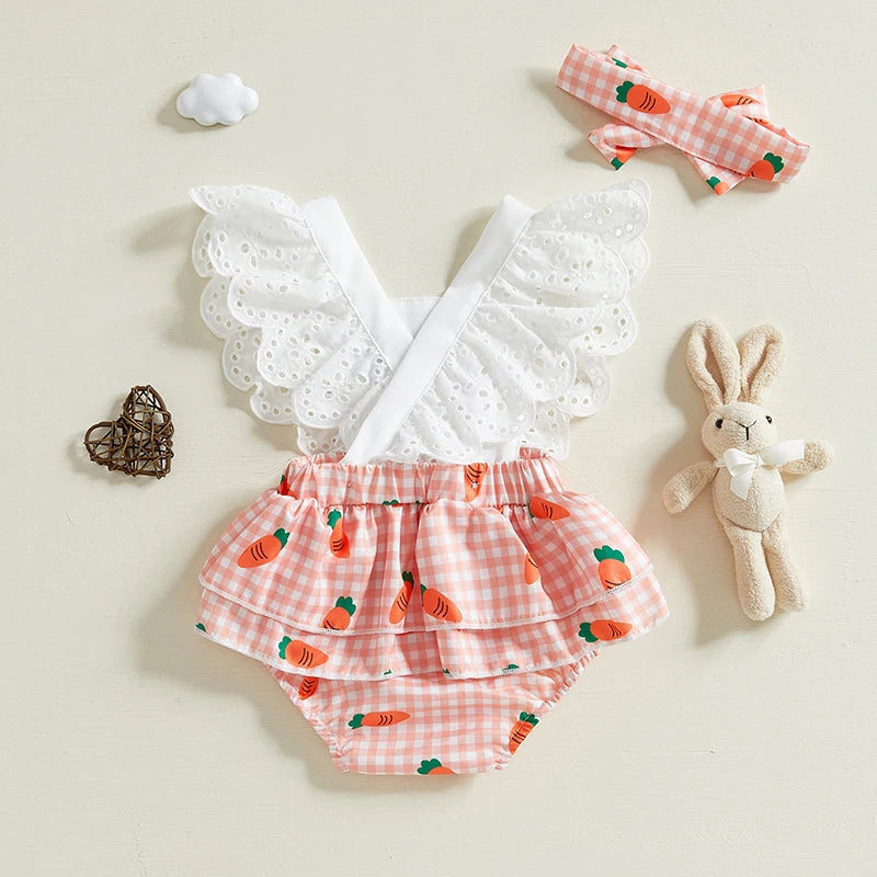 Carrot Gingham Ruffle Romper for baby girl with angel-wing sleeves and carrot appliqué for Easter celebrations.