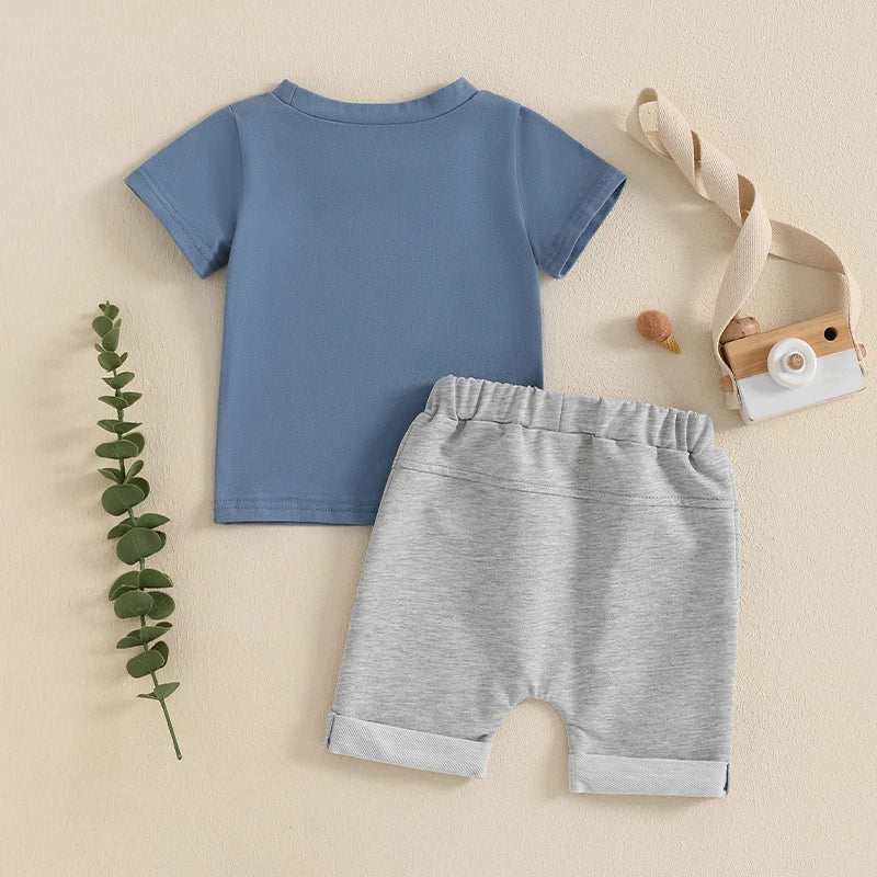 Adorable Daddy's Little Sidekick Set for baby boys aged 0-3, featuring a light blue top and comfy grey marl shorts.